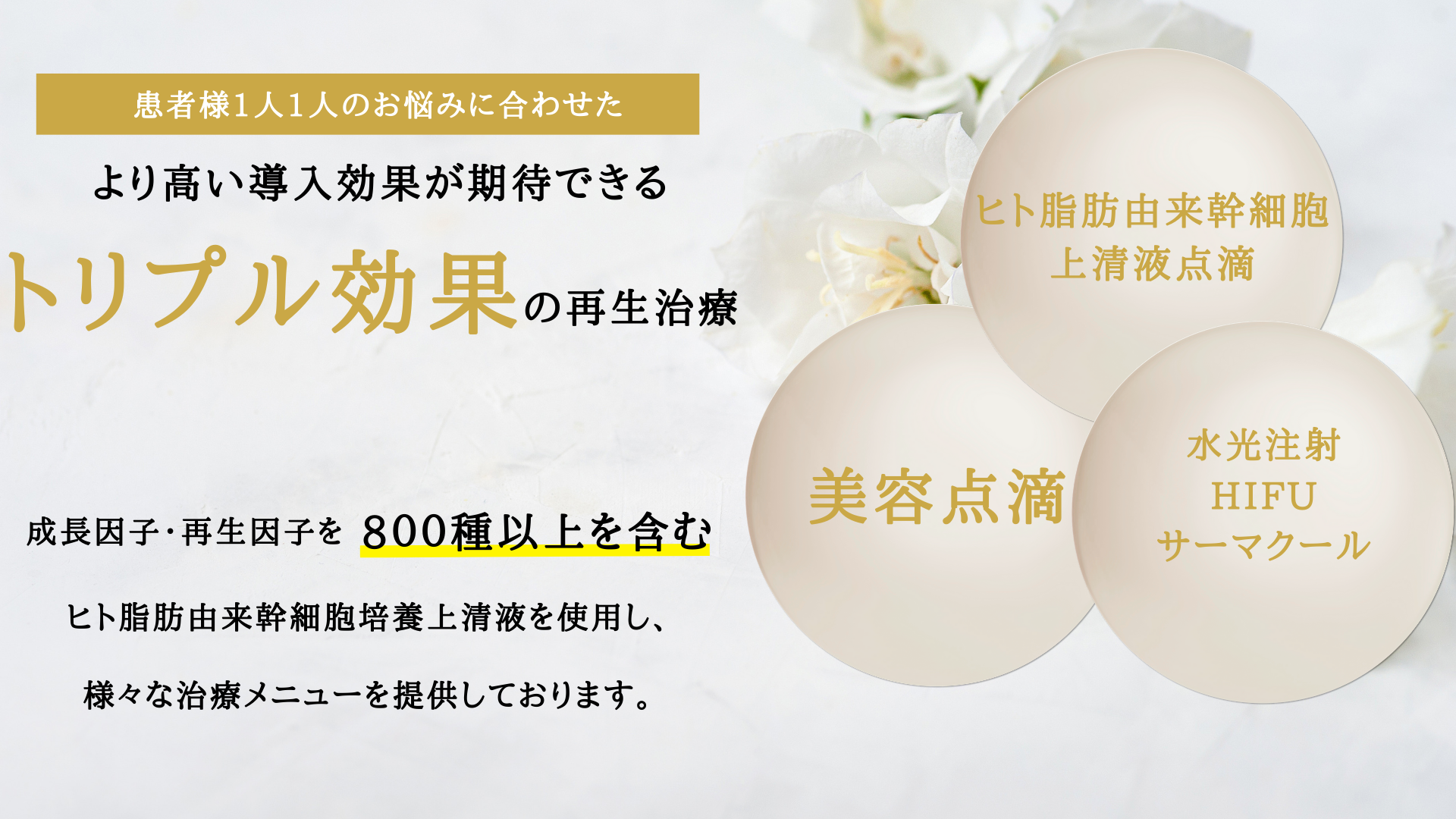 患者様1人1人のお悩みに合わせたより高い導入効果が期待できるトリプル効果の再生治療成長因子・再生因子を800種以上を含むヒト脂肪由来幹細胞培養上清液を使用し、様々な治療メニューを提供しております。